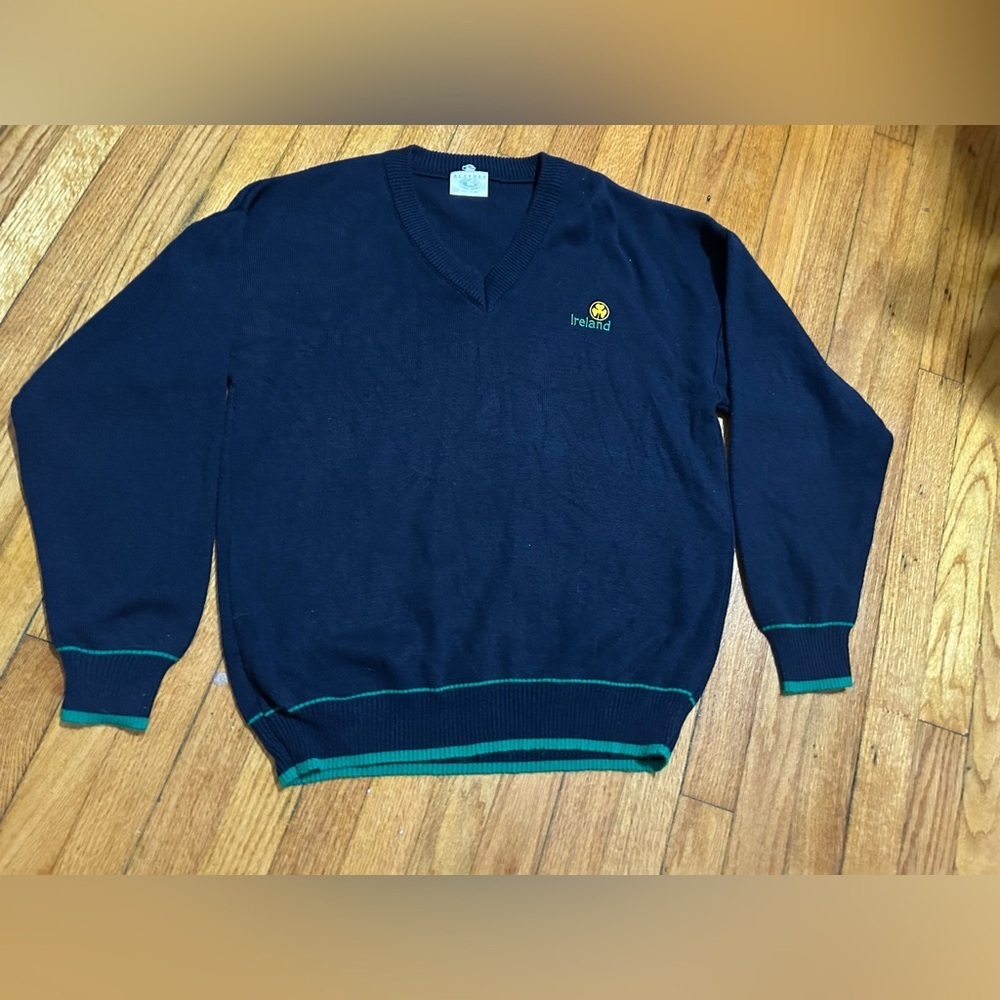 Blarney Woolen Mill  Mens Sweater M Blue Green V Neck Ireland Acrylic